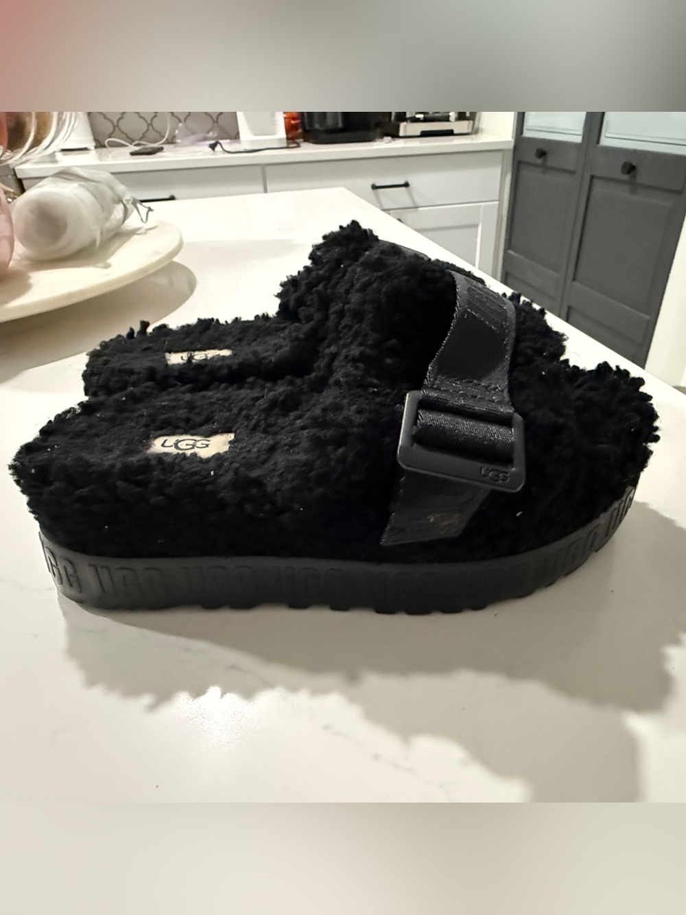 UGG Black Fuzzy Slide Sandals
